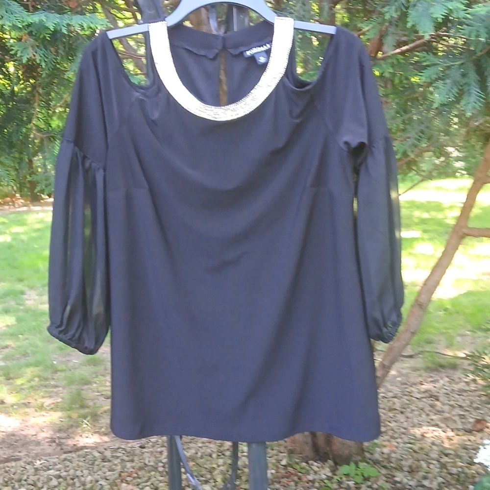 Roz & Ali Made In INDIA,Black Blouse with Rhinestone Embellished Neckline Size M